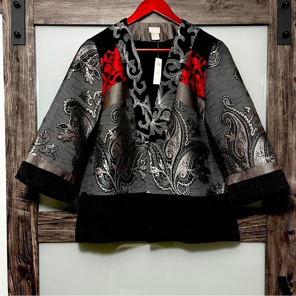 Chico's Patchwork Embroidered Paisley Open Front Jacket Wearable Art Statement